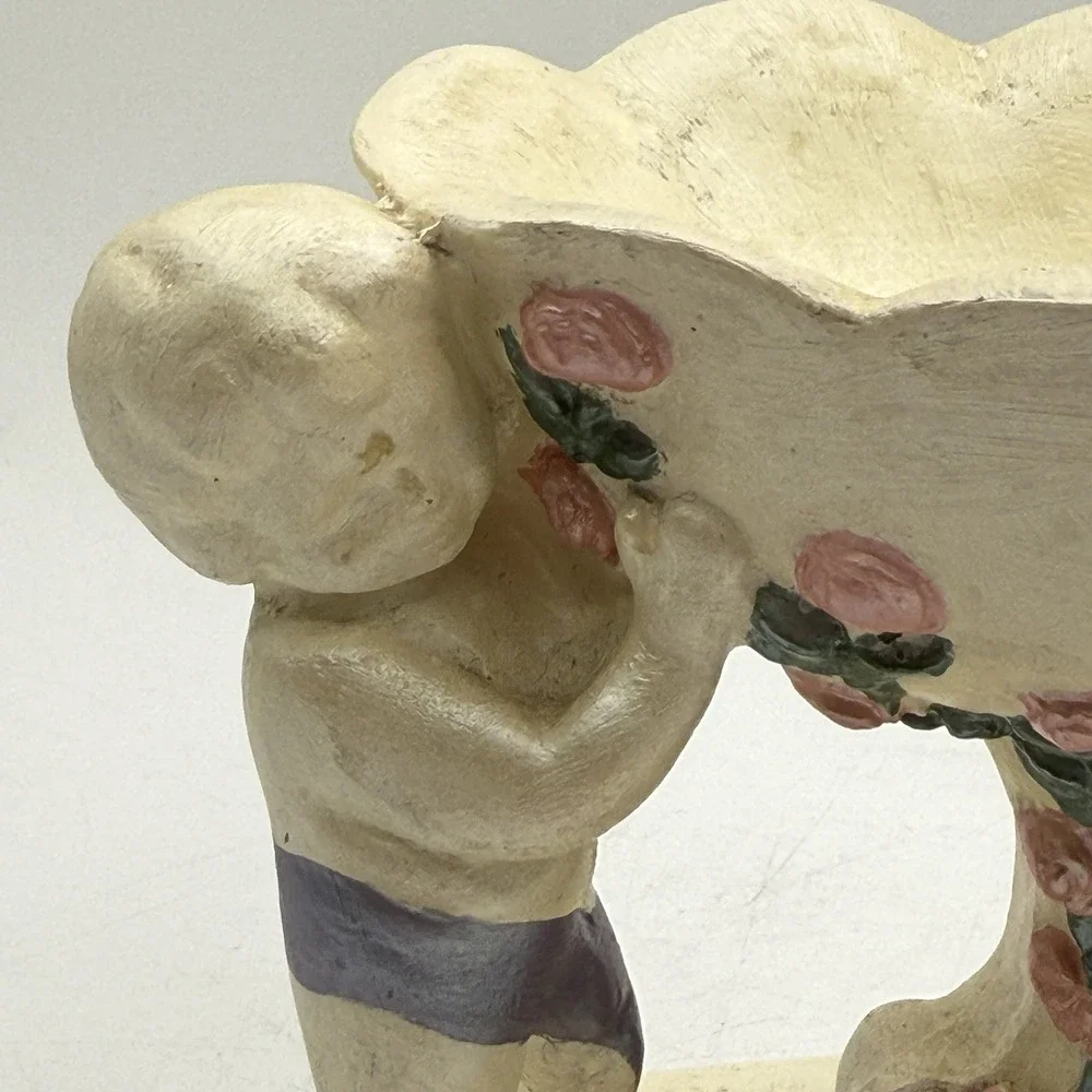 Vintage Plaster Chalkware Cherub Angel Soap Dish Jewelry Trinket‎ Pedestal Bowl